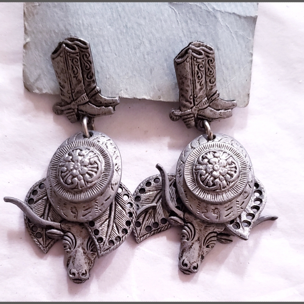 Vintage WESTERN COWBOY & STEER PIERCED EARRINGS